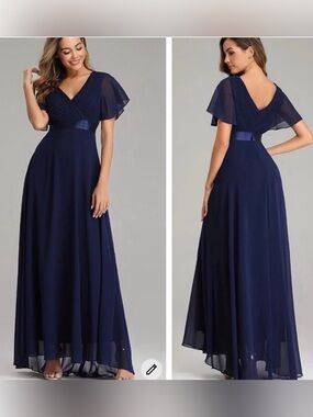 Ever Pretty Navy Blue Flutter Sleeve V-Neck Wedding Guest Dress Size 14